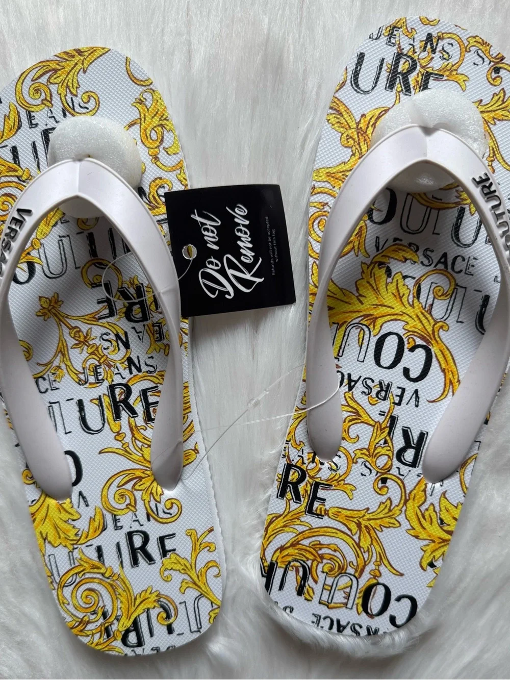 Versace Jeans White & Yellow Baroque Print Flip Sandals